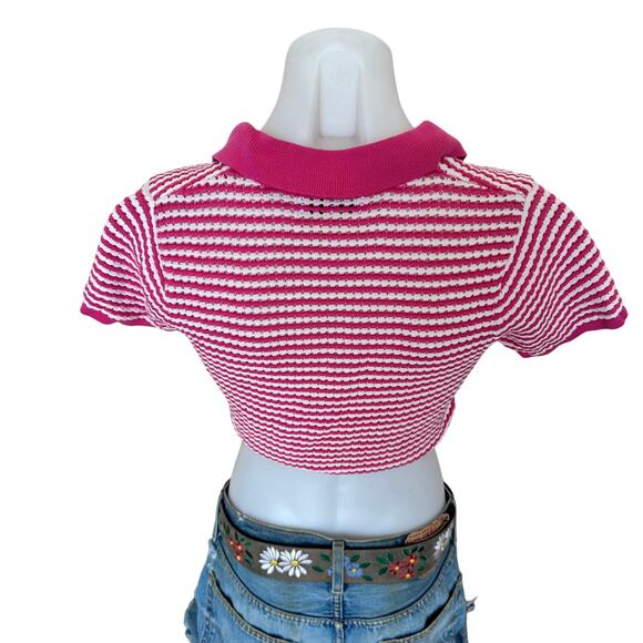 Derek Lam White Pink Polo Crop Top SMALL Baby Tee Striped Designer Preppy $220 - Picture 9 of 10